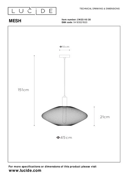 Lucide MESH - Lámpara colgante - Ø 45 cm - 1xE27 - Negro - técnico